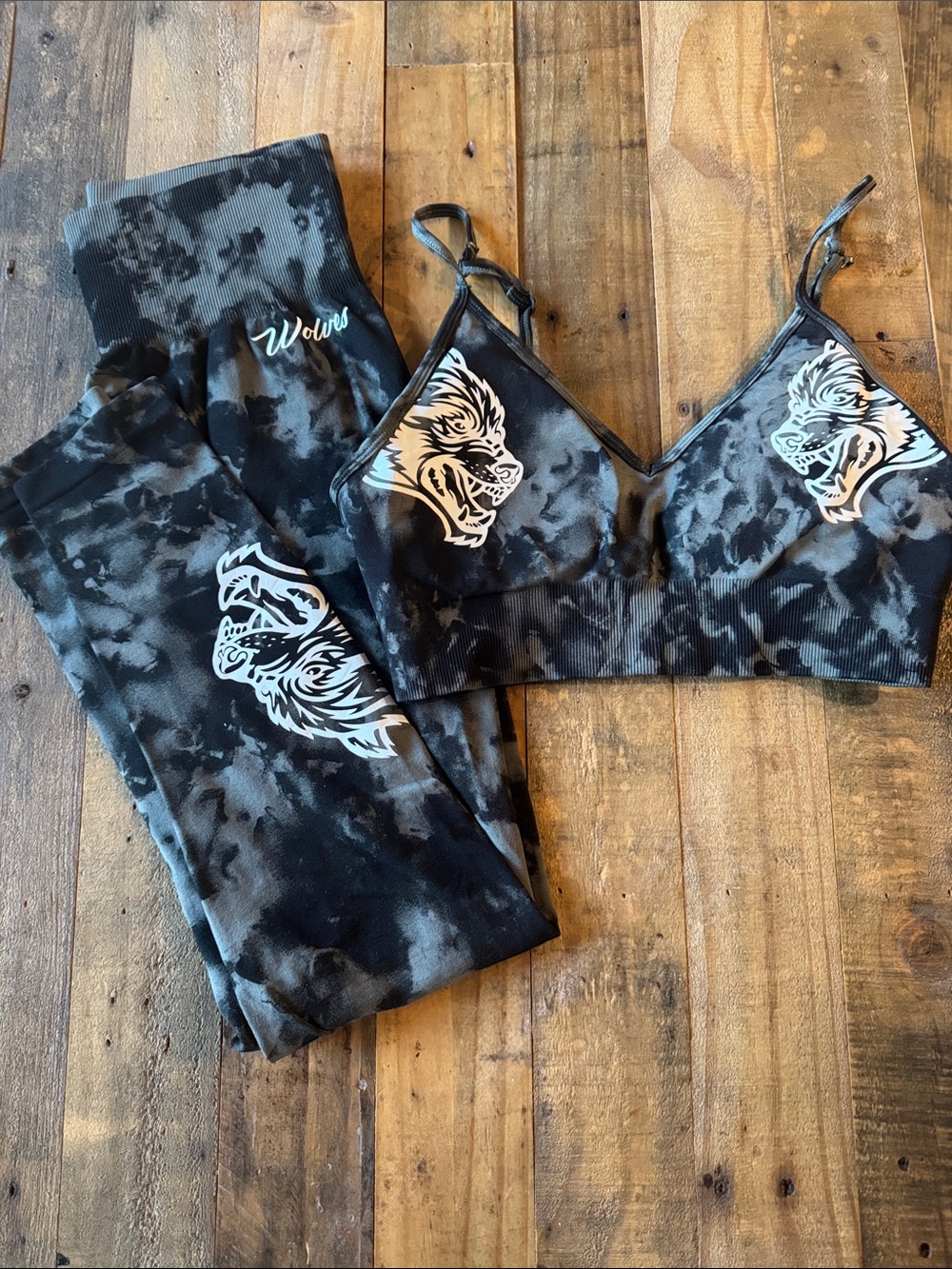 Darc Sport Black & Gray Tie-Dye Wolf Bralette and Leggings Set